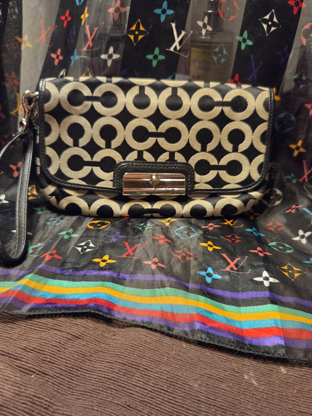 Coach Signature Black and Cream Wristlet Clutch